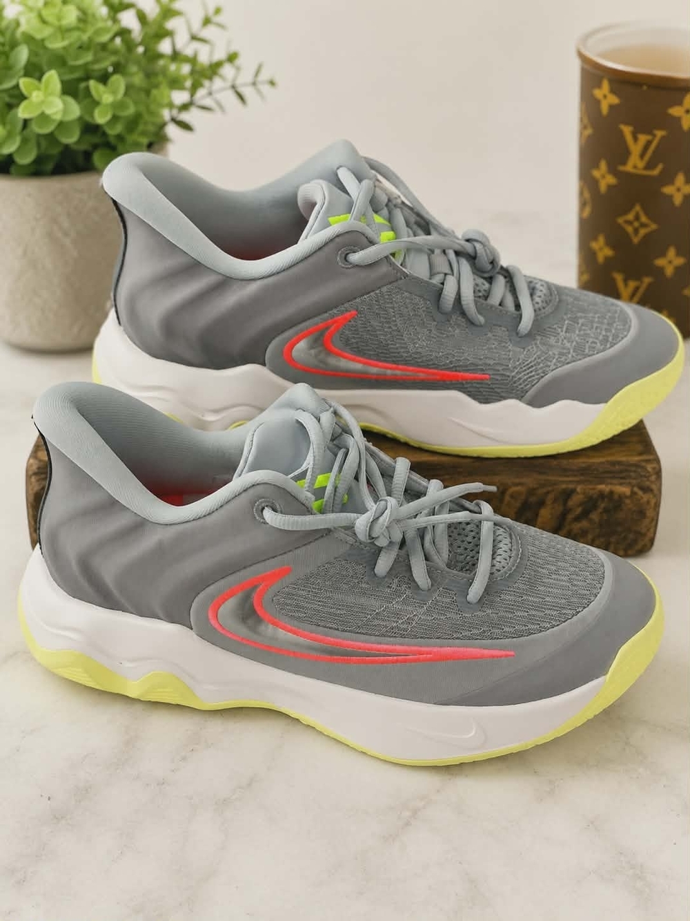 Nike Gray Sneakers with Neon Yellow Sole and Coral Swoosh